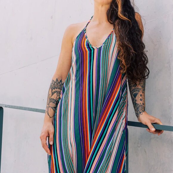 Stripe Harem Jumpsuit Halter Neck Tapered Leg Yoga Travel Boho Green Stripes - Picture 3 of 8